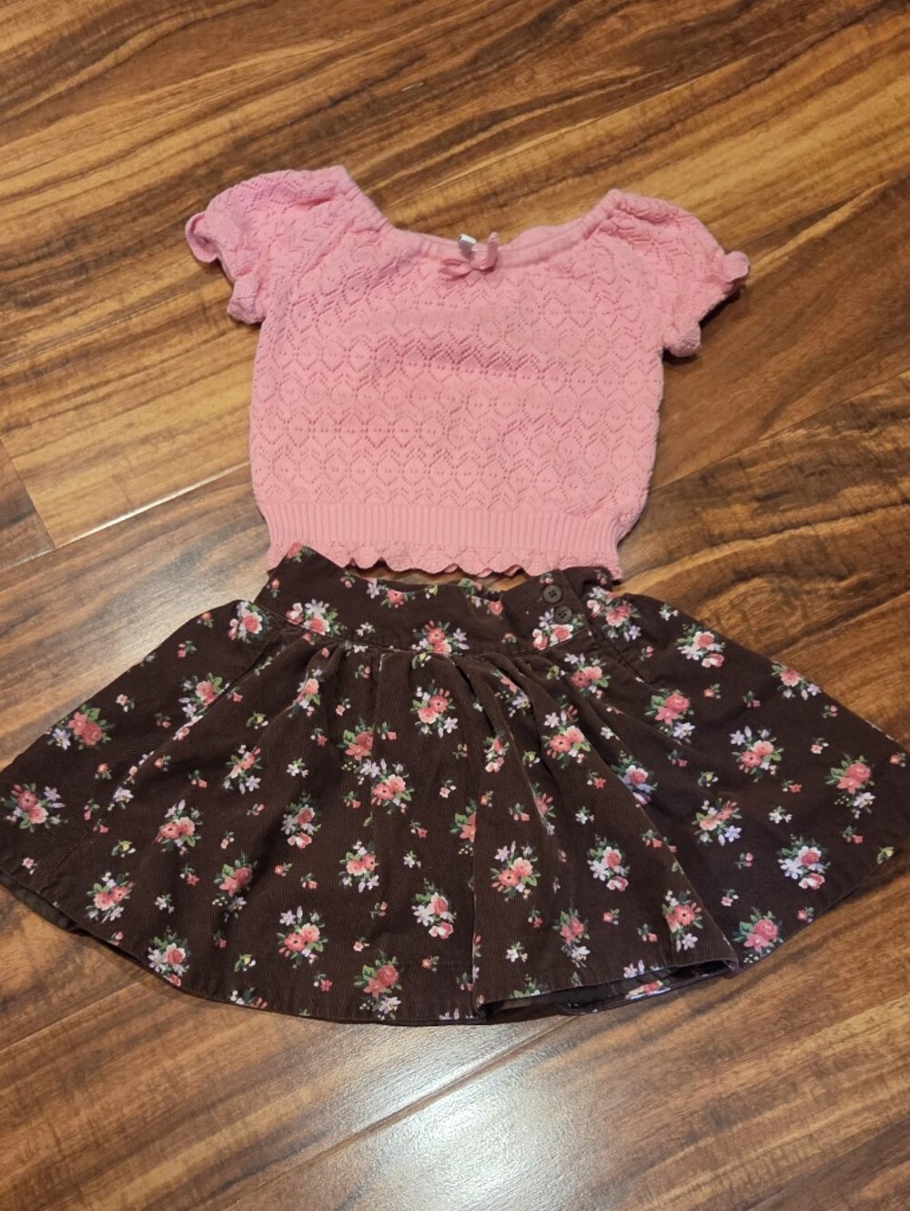 Janie and Jack EUC 2T Months Pink Knit Top and Floral Corduroy Skirt.